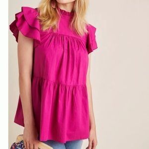 Anthropologie Maeve Ophelia Pink Tiered Ruffle Sleeve Tunic Top in Large
